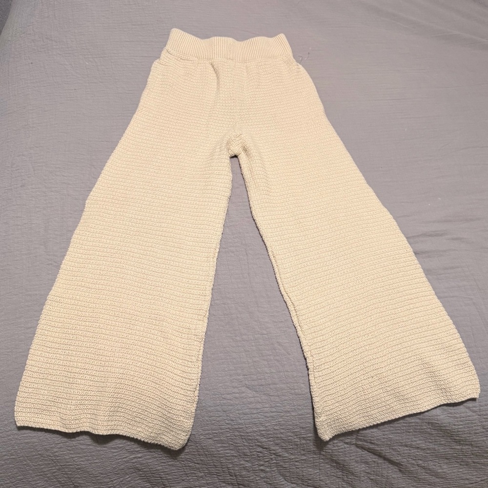 Cream Knit Wide-Leg Pants